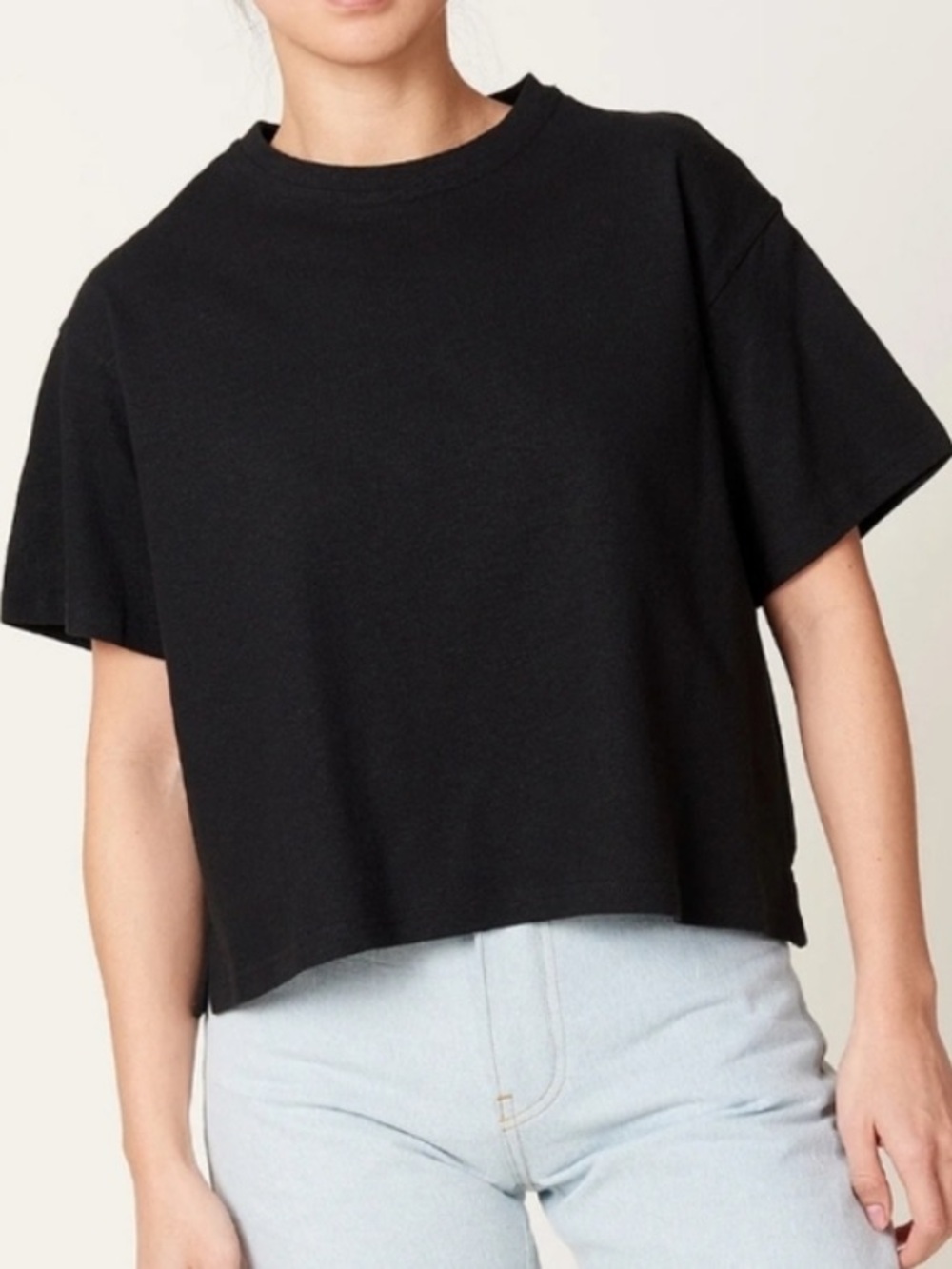 7115 by Szeki Signature Cropped T Shirt Top Short Sleeve Linen Cotton Black M